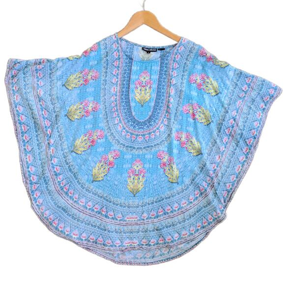 Tolani Narissa Boho Caftan Tunic Top Small Aqua Blue Pink Floral - Picture 7 of 8